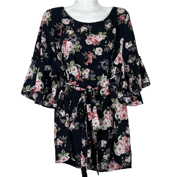 You + All Floral Top with Tie Black & Pink Flared Bell Sleeve Plus Size 20 - Picture 2 of 7